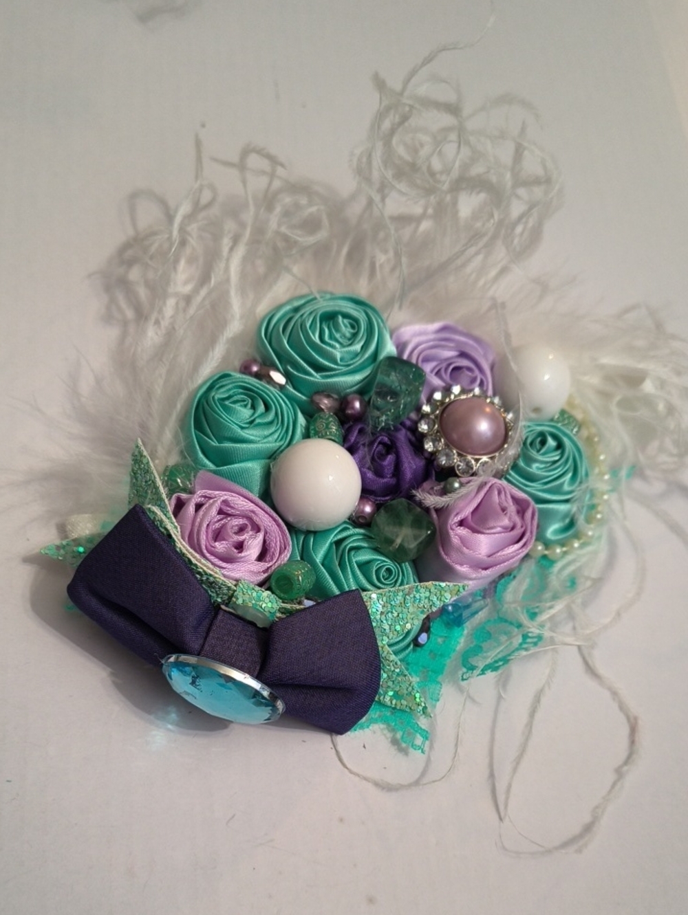 Handmade Teal & Lavender Floral Hair Bow with Decorative Bow